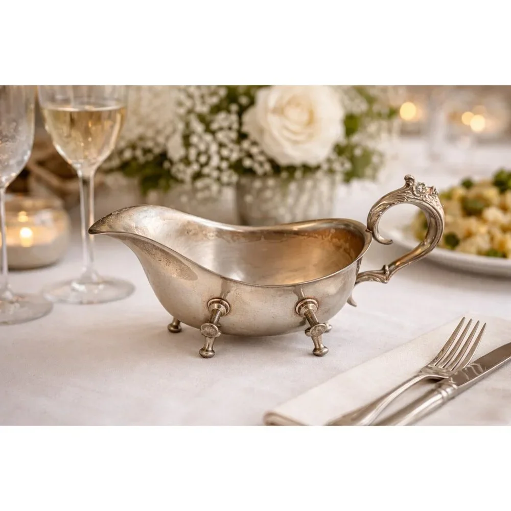 Vintage F.B. Rogers Silver Co Gravy Boat Footed Tarnished Silverplate Ornate Han